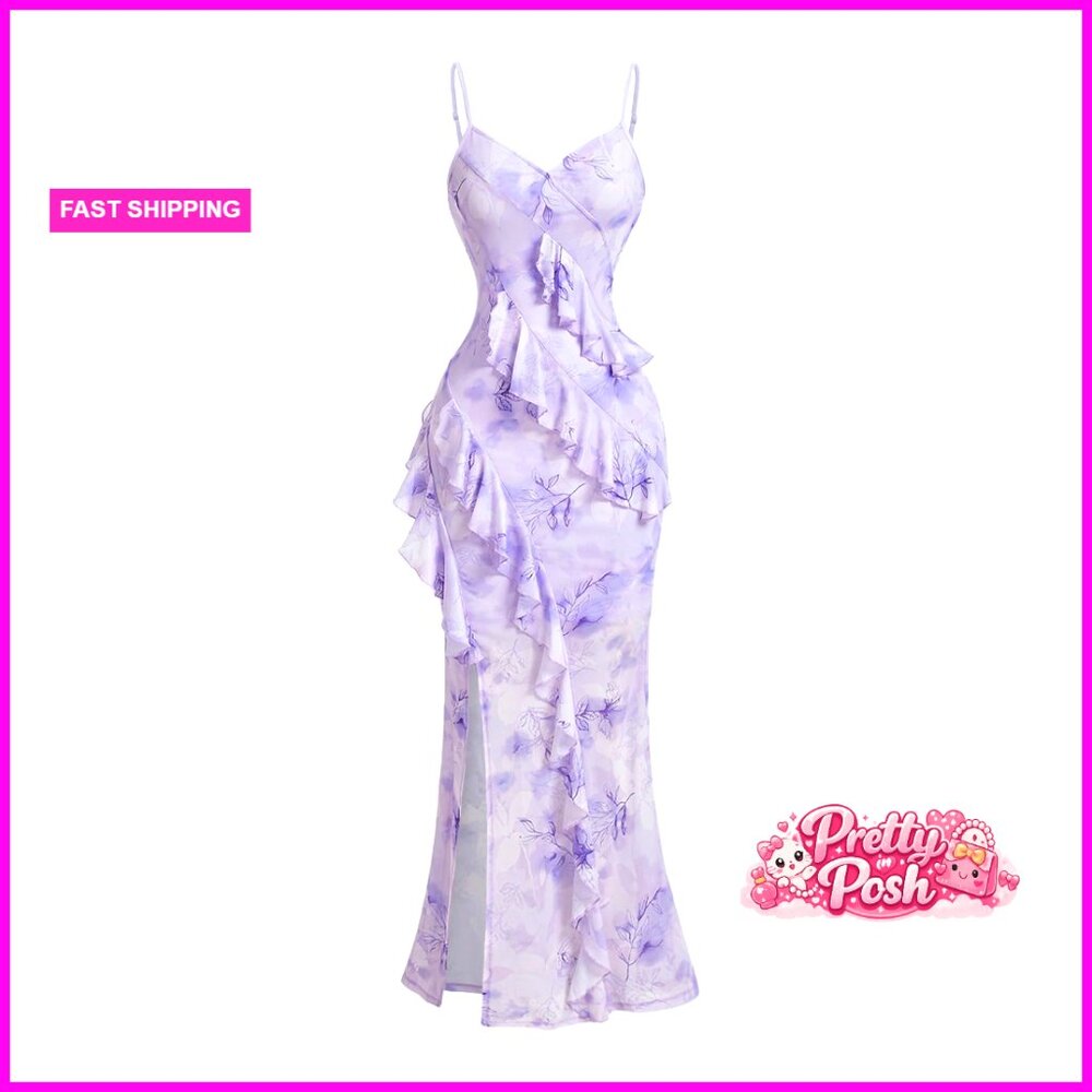 Polyester Elastane Floral Ruffle Split Thigh Long… - image 1